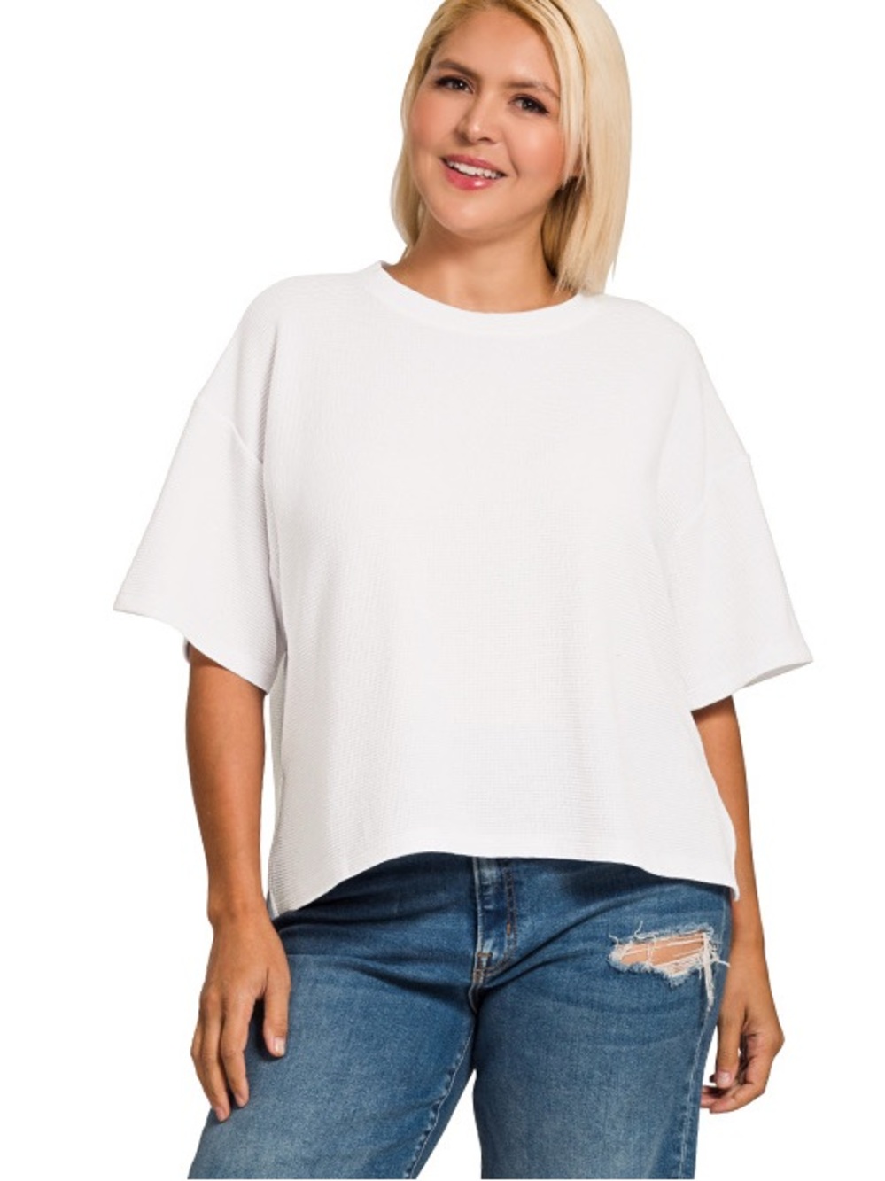 Zenana PLUS White Double Knit Hi Low Short Sleeve Top